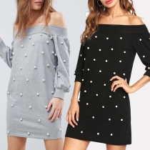 Fashion Boat-neck Solid Color Long Sleeve Perals Over-hip Dress