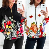 Fashion Contrast Color Long Sleeve Flowers Printed Zipper Coat