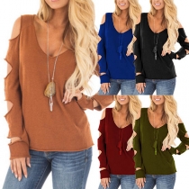 Sexy Round-neck Solid Color Long Sleeve Hollow Out Shirt