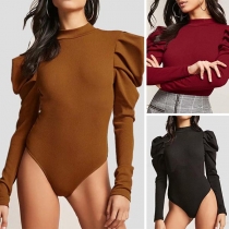 Fashion Round-neck Solid Color Long Ruffle Sleeve Slim Fit Hollow Out Jumpsuit