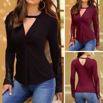 Sexy Deep V-neck Solid Color Long Sleeve Lace Spliced Twist Shirt