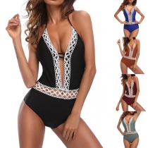 Sexy Contrast Color Lace Embroidered Hollow Out Sleeveless Sling Swimwear