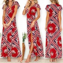 Fashion Contrast Color Deep V-neck Short Sleeve Printed Pattern Slim Fit Slit Hemline Dress