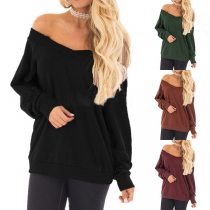 Sexy V-neck Off-shoulder Solid Color Long Sleeve Sweatshirt 