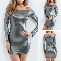 Sexy Boat-neck Solid Color Long Sleeve Slim Fit Over-hip dress