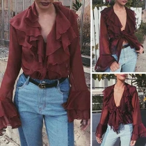 Sexy Deep V-neck Trumpet Sleeve Ruffle Top 