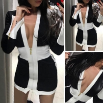 Sexy Deep V-neck Long Sleeve Contrast Color Slim Fit Dress