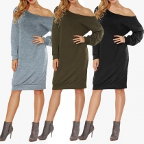 Fashion Solid Color Long Sleeve Boat neck T-shirt Dress