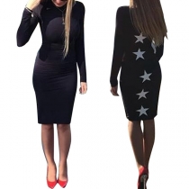 Fashion Long Sleeve Round Neck Star Printed Tight Dress