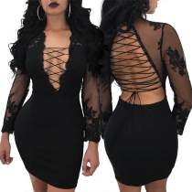 Sexy Backless Deep V-neck Lace Spliced Lace-up Tight Dress