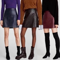Fashion Solid Color High Waist Side-zipper PU Leather Skirt 