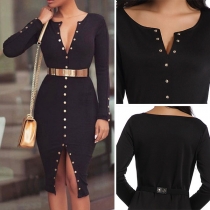Sexy V-neck Slit Hem Long Sleeve Slim Fit Rivets Dress with Waistband