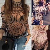Sexy Long Sleeve Mock Neck Printed See-through Gauze Bodysuit
