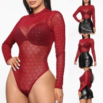 Sexy Pearl Inlaid Trumpet Sleeve See-through Gauze Bodysuit