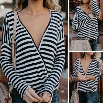 Sexy Crossover Deep V-neck Long Sleeve Striped T-shirt