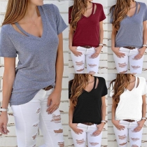 Fashion Solid Color Short Sleeve V-neck T-shirt