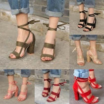 Fashion Solid Color Thick High-heeled Open Toe Lace-up Sandals