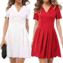 Fashion Short Sleeve V-neck Wavy Edge Solid Color Dress
