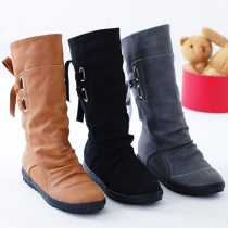 Fashion Solid Color Flat Heel Round Toe Lace-up Boots