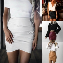 Fashion Solid Color High Waist Irregular Hem PU Leather Skirt 