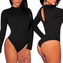 Sexy Solid Color Long Sleeve Round Neck Bodysuit