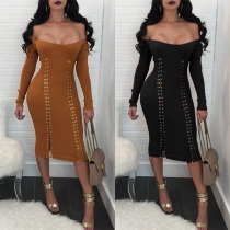 Sexy Off-shoulder Boat Neck Long Sleeve Lace-up Tight Dress