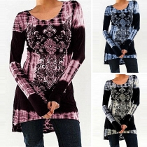 Fashion Long Sleeve Round Neck High-low Hem Printed T-shirt