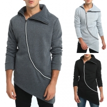 Fashion Solid Color Oblique Zipper Irregular Hem Men's Sweatshirt Coat