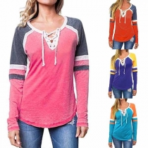 Fashion Contrast Color Long Sleeve Lace-up V-neck T-shirt