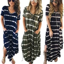Fashion Short Sleeve V-neck Slit Hem Striped Maxi Dress