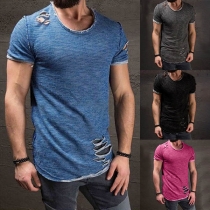 Fashion Solid Color Round-neck Short Sleeve Slit Man's Shirt