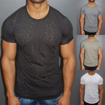 Fashion Round-neck Solid Color Hollow Out Short Sleeve Man's Shirt