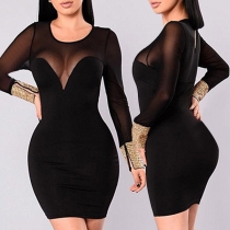 Sexy Round-neck Gauze Spliced Long Sleeve Solid Color Over-hip Dress