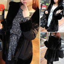 Fashion Solid Color Long Sleeve Faux Fur Spliced Hooded Coat