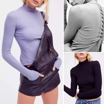 Sexy Back-lace-up Long Sleeve Mock Neck Solid Color Knit Top