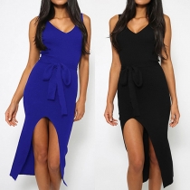 Sexy Backless V-neck Slit Hem Solid Color Sleeveless Dress
