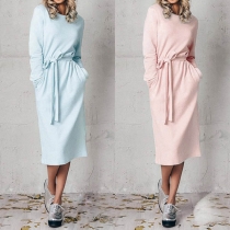 Elegant Solid Color Long Sleeve Round Neck Dress with Waist Strap
