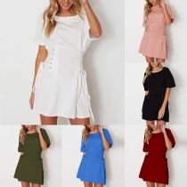 Fashion Solid Color Short Sleeve Round Neck Lace-up Dress