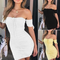 Sexy Off-shoulder Short Sleeve Solid Color Slim Fit Wrinkled Dress