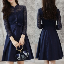 Sexy Stand Collor Embroidered Hollow Out Long Sleeve Waistband Slim Fit Dress