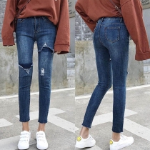 Sexy Solid Color High Waist Slim Fit Slit Casual Jeans