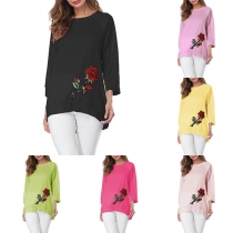 Fashion Round-neck Contrast Color Rose Embroidered Irregular Hemline Shirt