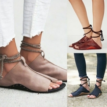 Fashion Solid Color Peep Toe Flat-heeled Lace-up Sandal 