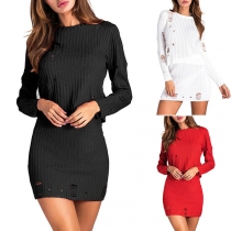 Fashion Round-neck Solid Color Slit Long Sleeve Shirt + Over-hip Skirt Two-piece Set
