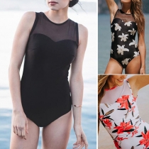 Sexy Solid Color Gauze Spliced Sleeveless Backless Over-hip Swimwear 