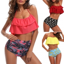 Sexy Solid Color Lotus Spliced Lace-up Top + Contrast Color Underwear Bikini Set 