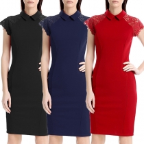 Elegant Solid Color POLO Collar Lace Spliced Slim Fit Dress