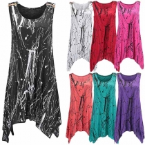 Fashion Sleeveless Round Neck Irregular Hem Printed T-shirt