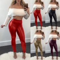 Fashion Solid Color High Waist Tight PU Leather Pants
