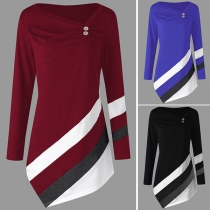 Fashion Contrast Color Oblique V-neck Irregular Hem T-shirt